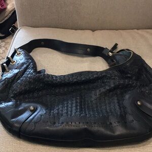 Isabella Fiore Woven and Lace Large Hobo Bag Black Leather w/Dust Bag Like New
